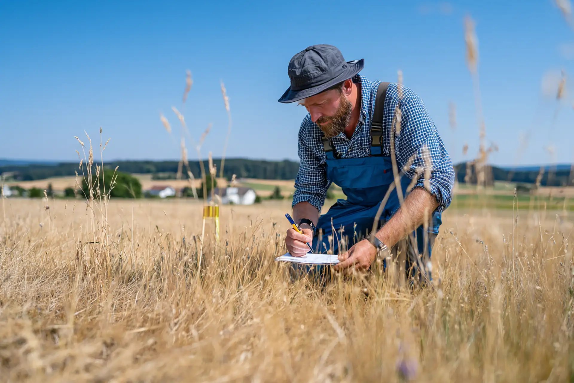 agricultural worker inspecting dry grassland with soil probe and notebook, measuring vegetation condition during early summer